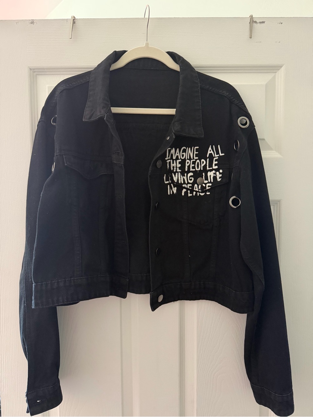 Black Designer Peace Denim Jacket with White Text